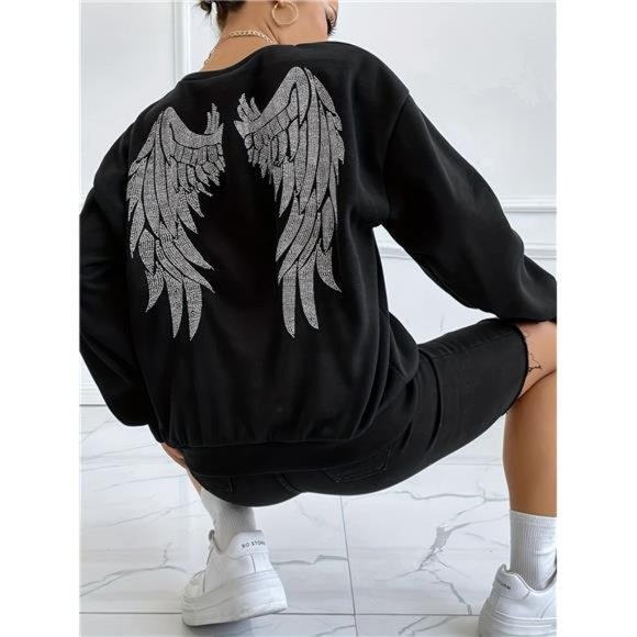Rhinestone sweater Angel Wings Sweatshirt,  Long Sleeve Crew Neck sweater shiny - Picture 7 of 12